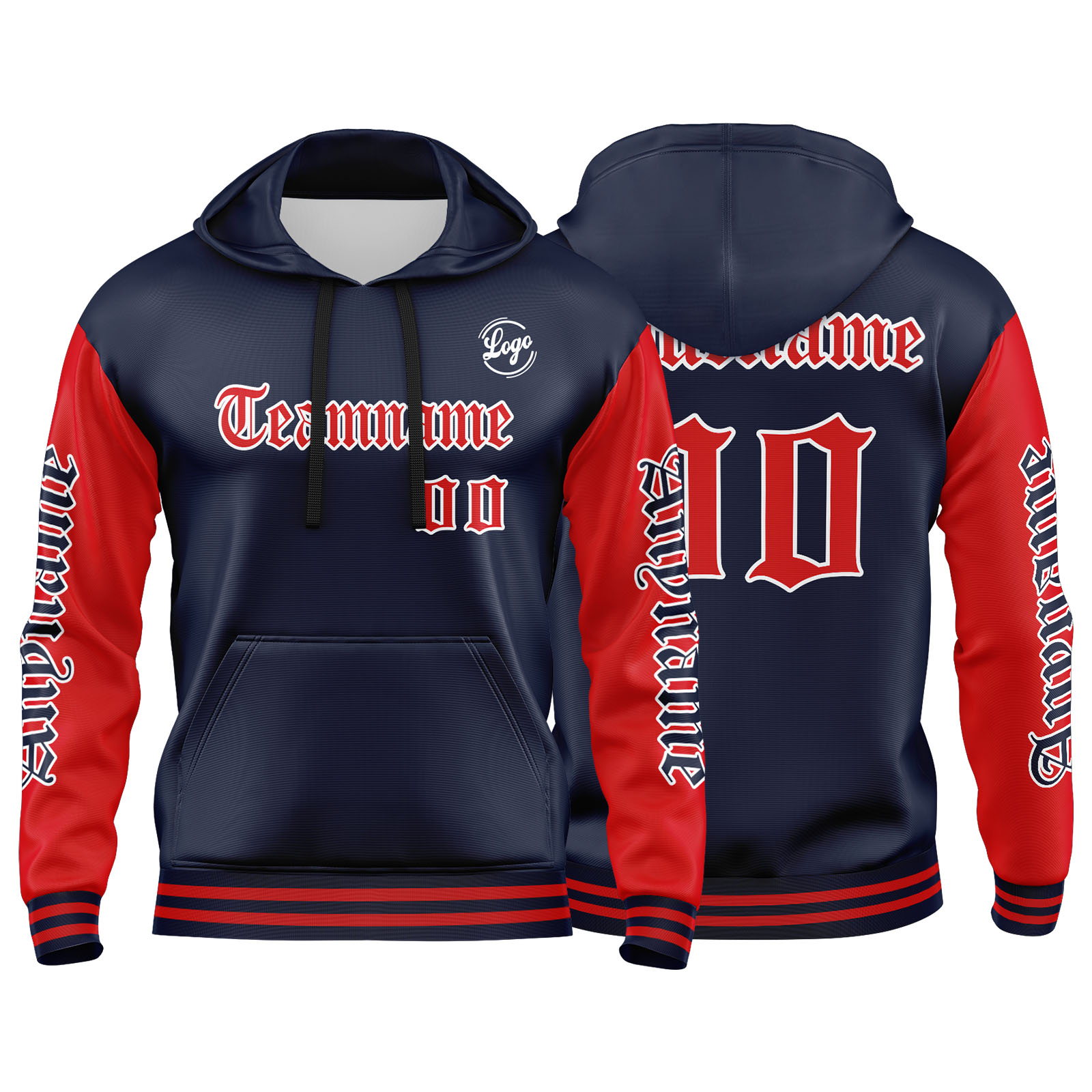 Custom Navy Red Hoodie Personalized Mens Pullover Hoodie Printed Team Name Number Logo for Women