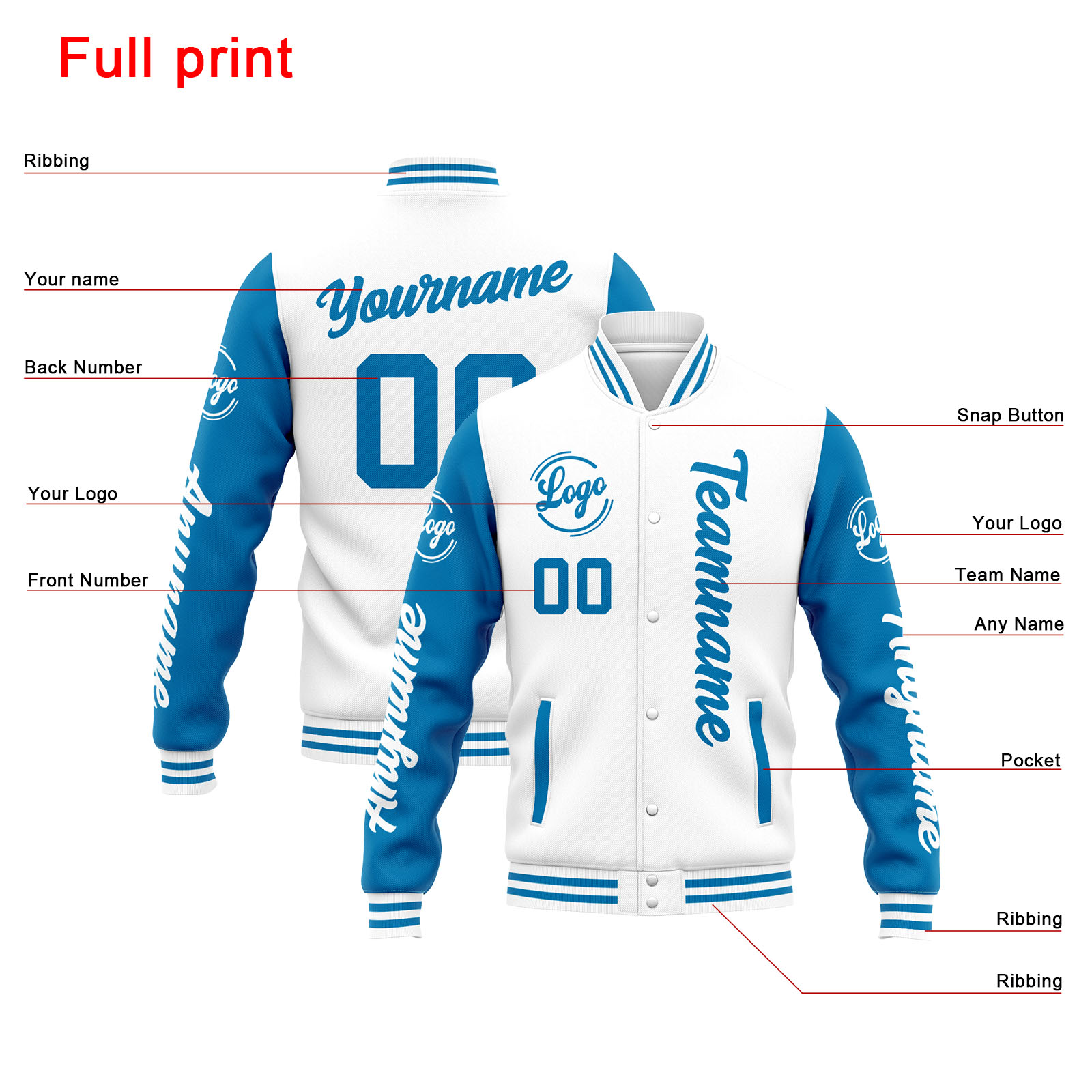 Custom White Blue Varsity Jacket for Men Women and Youth with Personalized Letterman Jacket 
