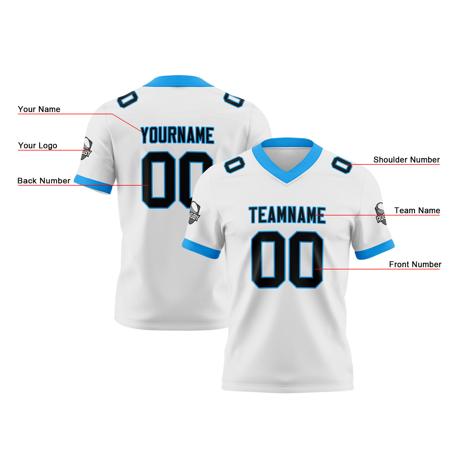 Custom White Blue Black Football Jersey Personalized Football Shirts for Men Printed Team Name Number Logo