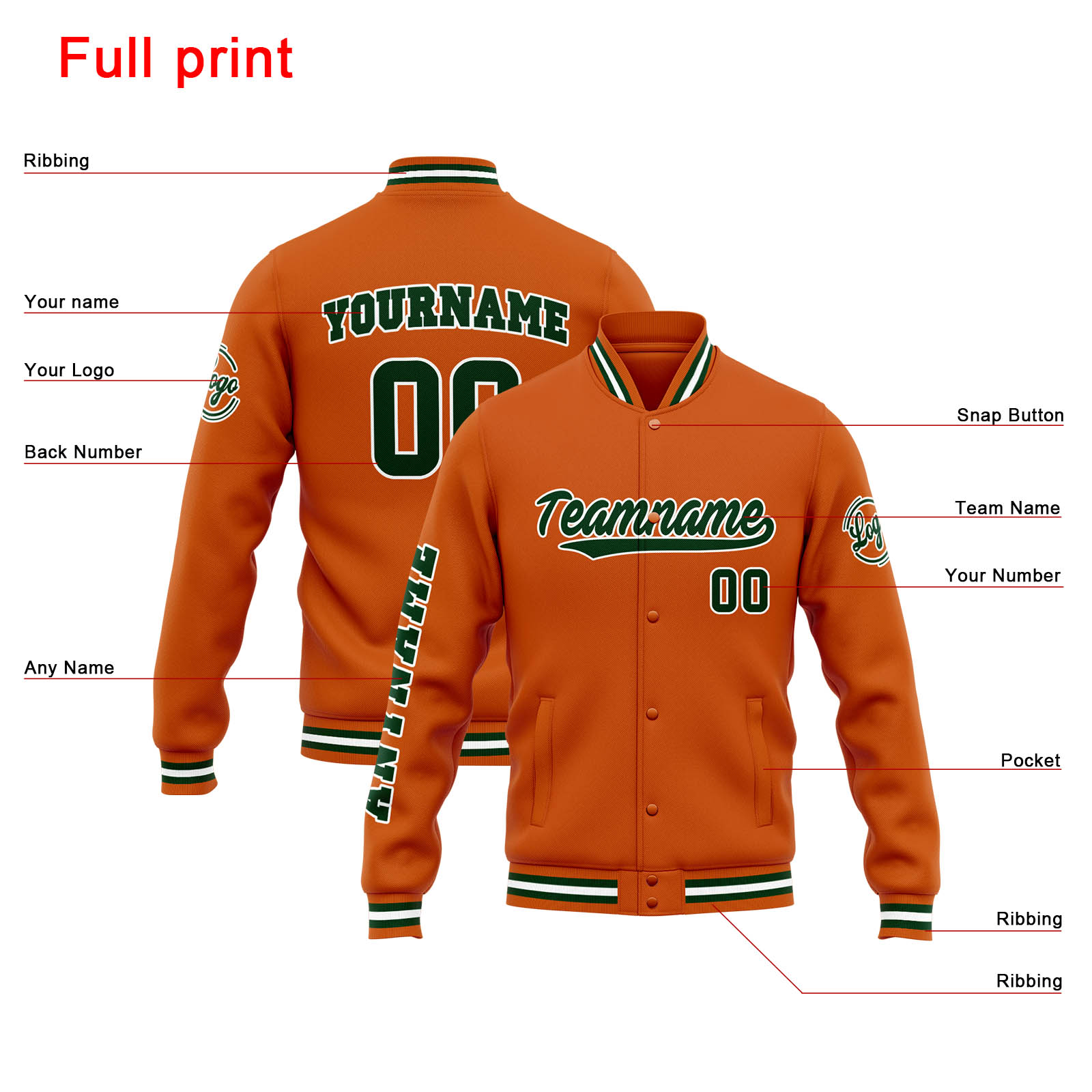 Custom Orange Dark Green Varsity Jacket for Men Women and Youth with Personalized Letterman Jacket 