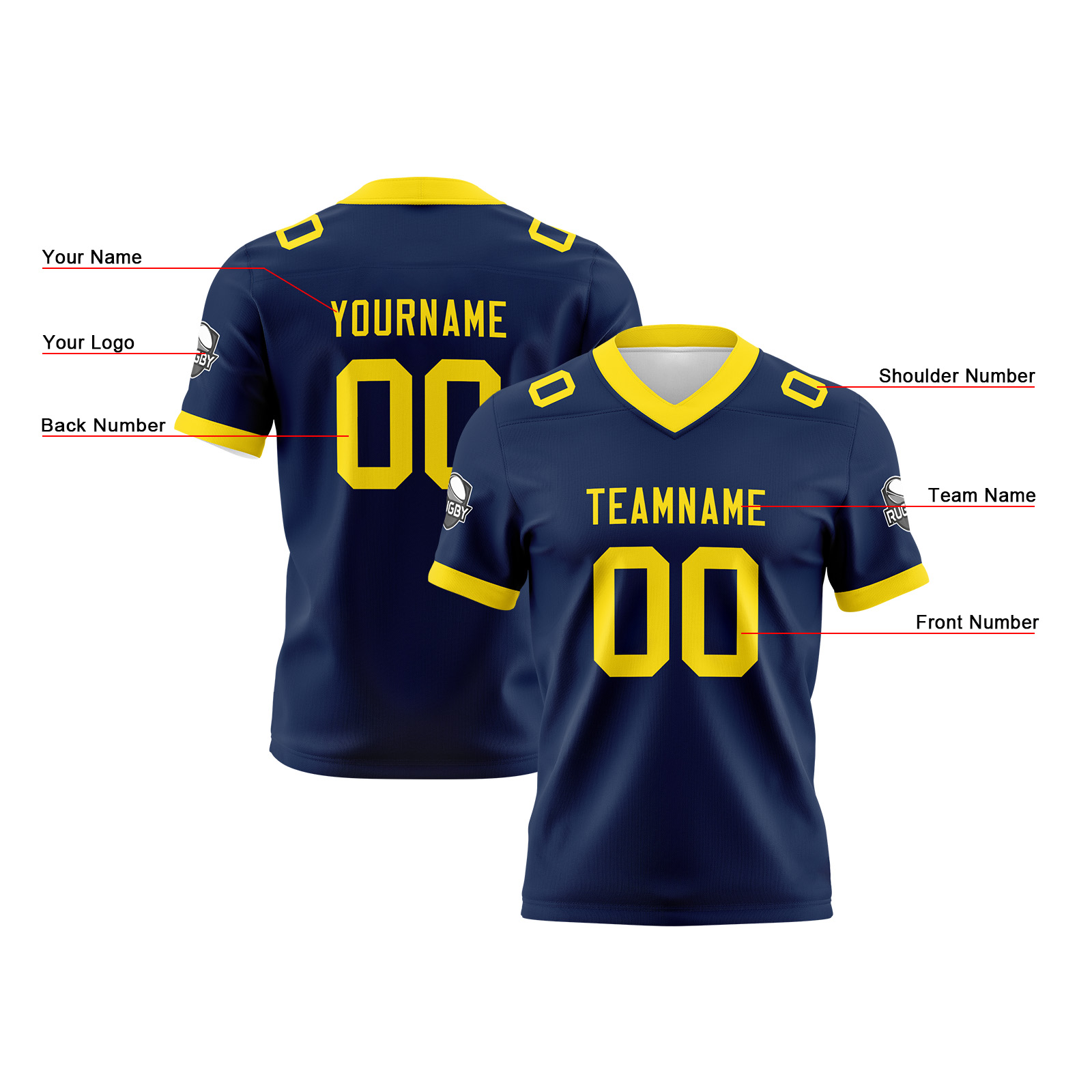 Custom Navy Yellow Football Jersey Personalized Football Shirts for Men Printed Team Name Number Logo