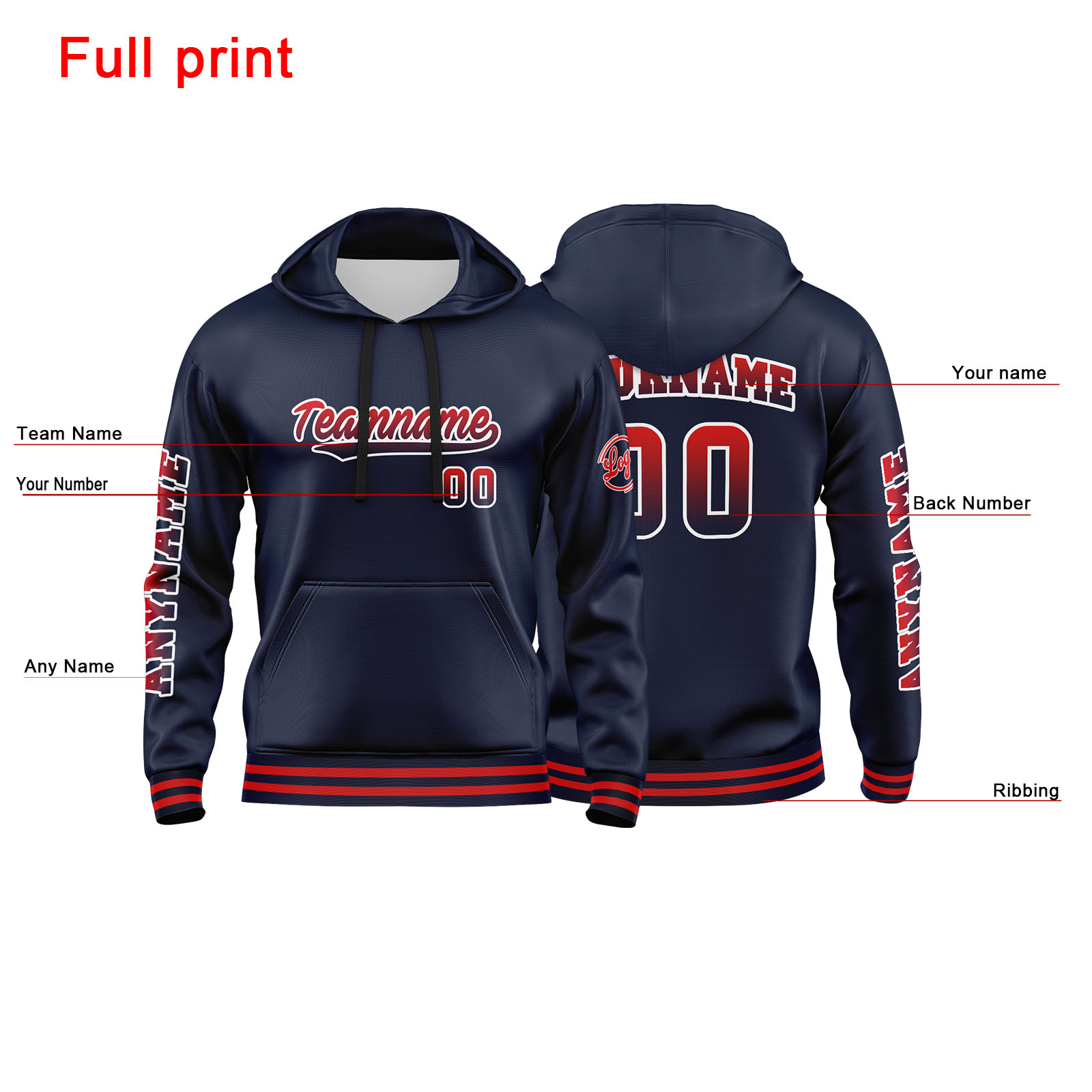 Custom Navy Red Hoodie Personalized Mens Pullover Hoodie Printed Team Name Number Logo for Women