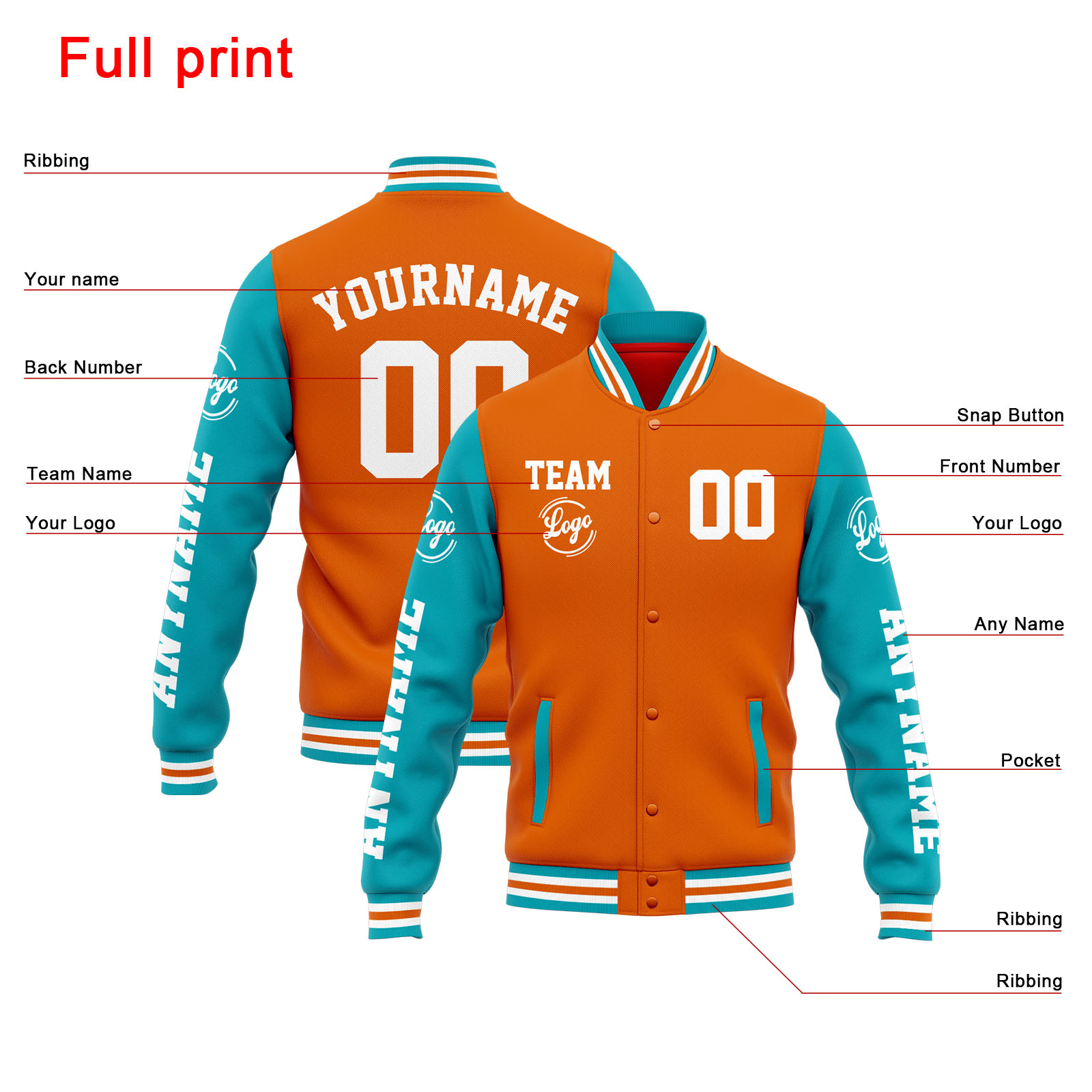 Custom Orange Teal Varsity Jacket for Men Women and Youth with Personalized Letterman Jacket 