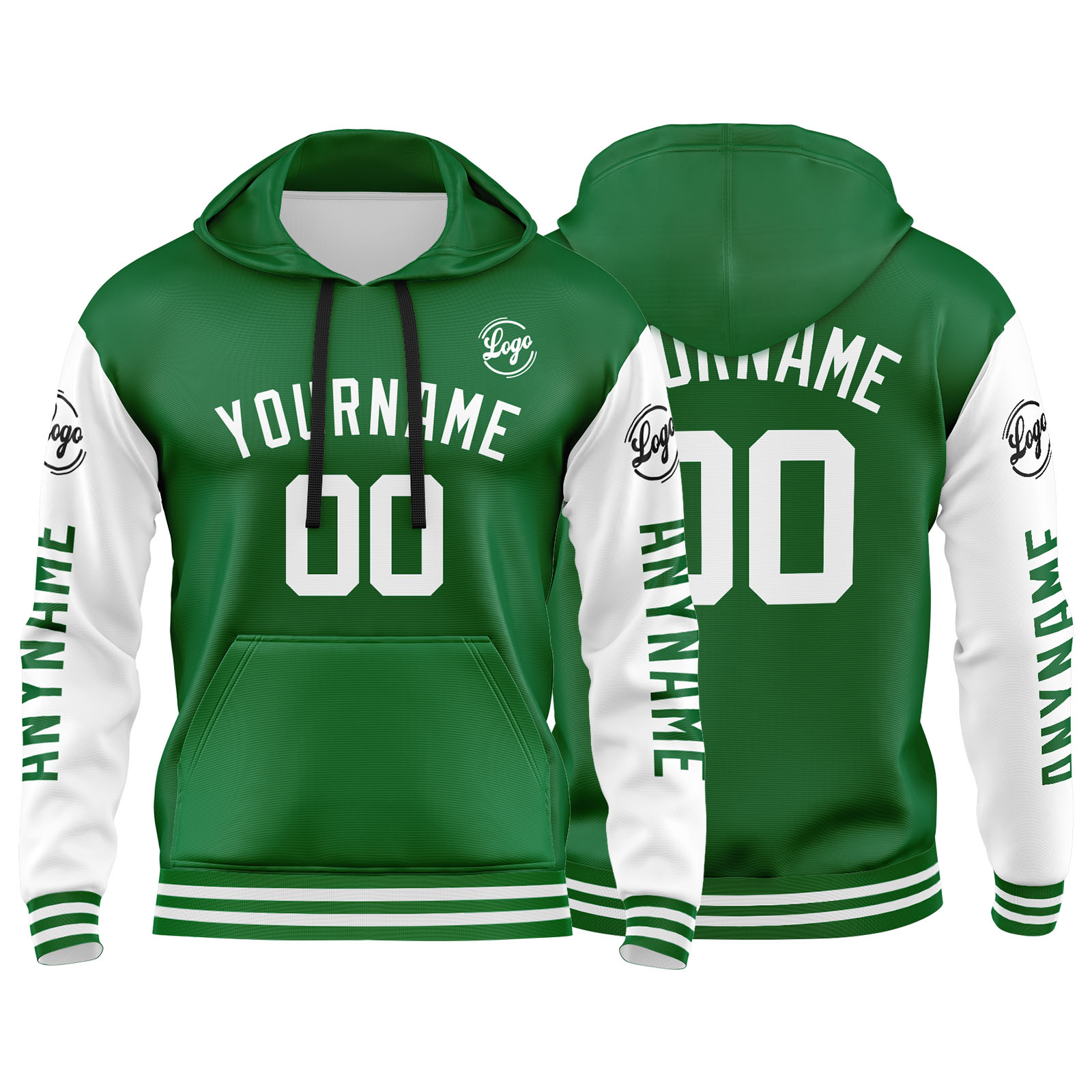 Custom Green White Hoodie Personalized Mens Pullover Hoodie Printed Team Name Number Logo for Women