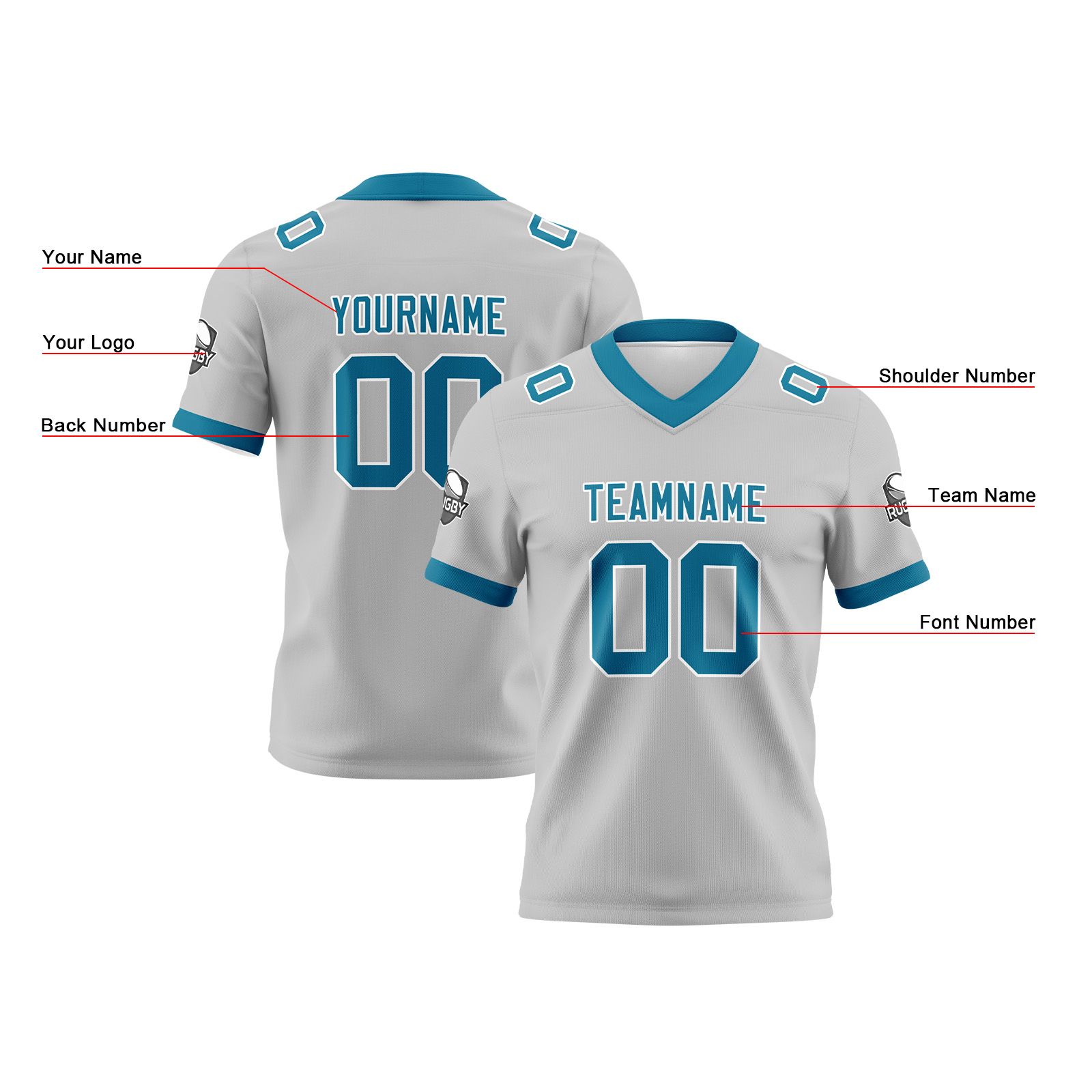 Custom Grey Blue Football Jersey Personalized Football Shirts for Men Printed Team Name Number Logo