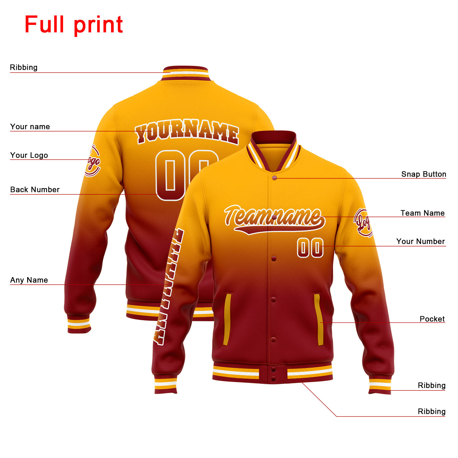 Custom Orange Red Gradient Varsity Jacket for Men Women and Youth with Personalized Letterman Jacket 