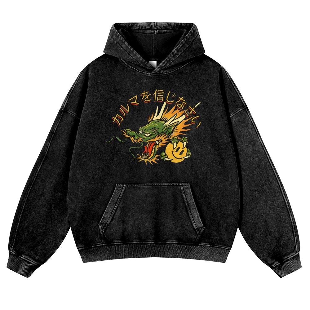 Japanese Dragon Pearl Pattern Vintage Washed Hoodie-moweekender