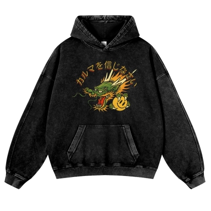 Japanese Dragon Pearl Pattern Vintage Washed Hoodie-moweekender