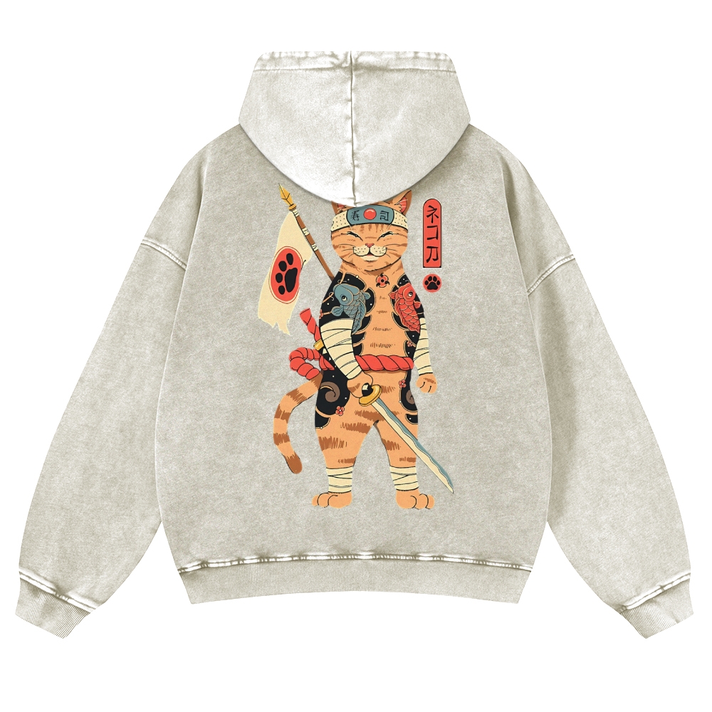 Sushi Warrior Cat Casual Vintage Washed Hoodie-moweekender