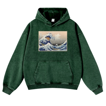 Cookie Wave Ukiyoe Printing Vintage Washed Hoodie-moweekender