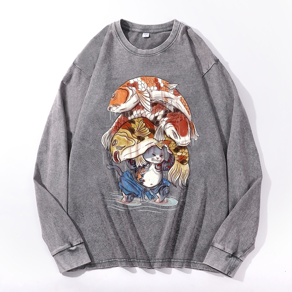 Fish Pressure Cat Deep Washed Vintage Long Sleeves T-Shirt-moweekender