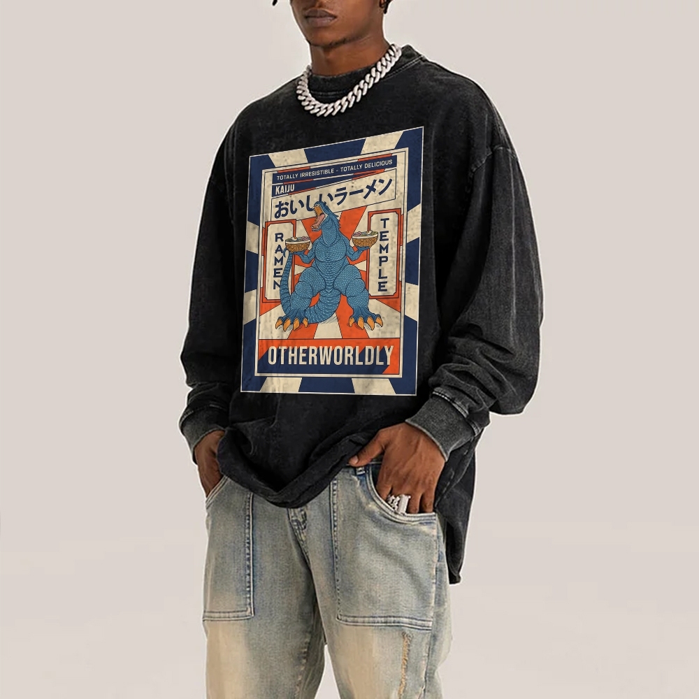 Ramen Godzilla Deep Washed Vintage Long Sleeves T-Shirt-moweekender