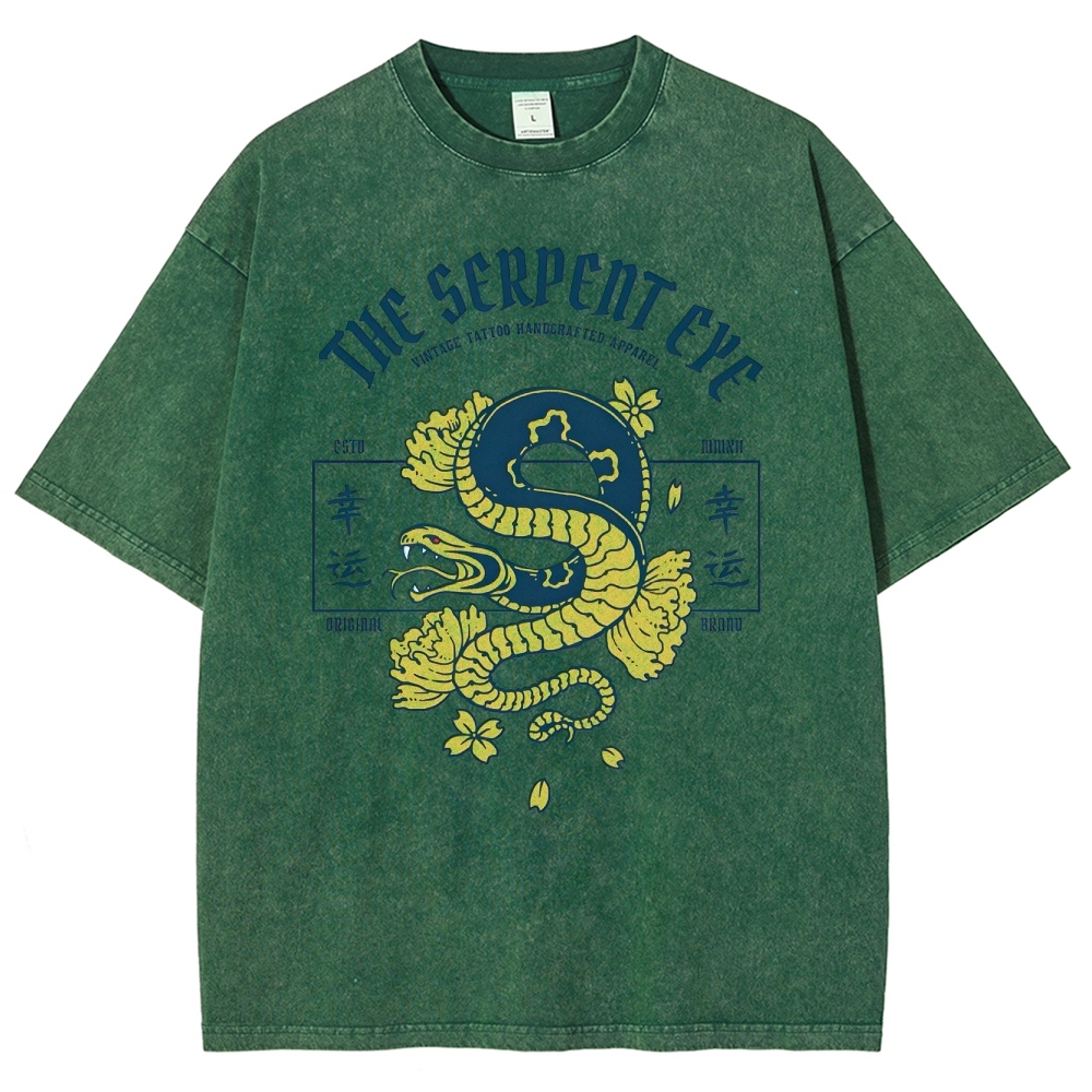 Japan Lucky Snake Sign Washed Vintage Short Sleeves T-Shirt-moweekender
