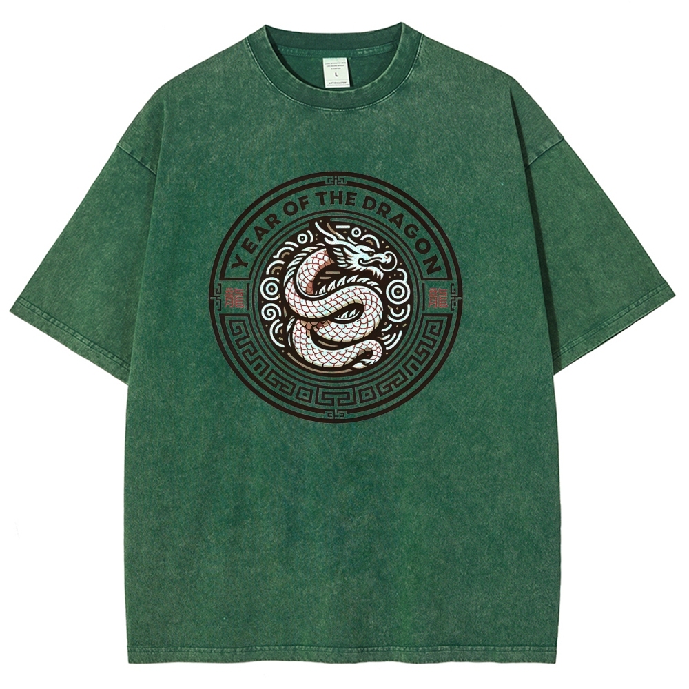 Traditional Dragon Pattern Washed Vintage Short Sleeves T-Shirt-moweekender