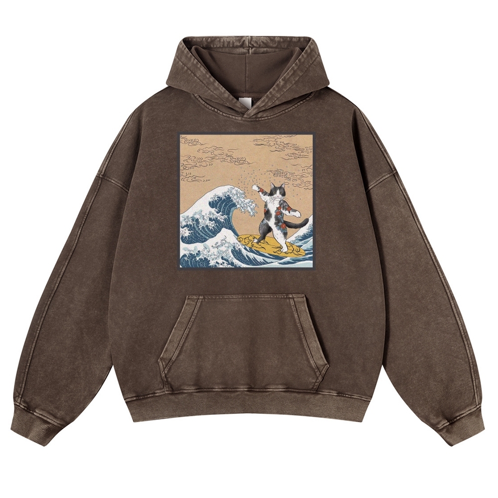 Surf-Bored Cat Ukiyoe Pattern Vintage Washed Hoodie-moweekender