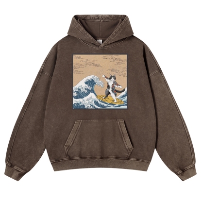 Surf-Bored Cat Ukiyoe Pattern Vintage Washed Hoodie-moweekender