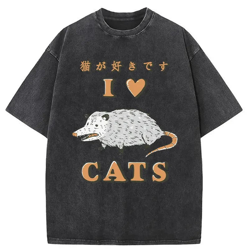 I Like Cats Washed Vintage T-Shirt-moweekender