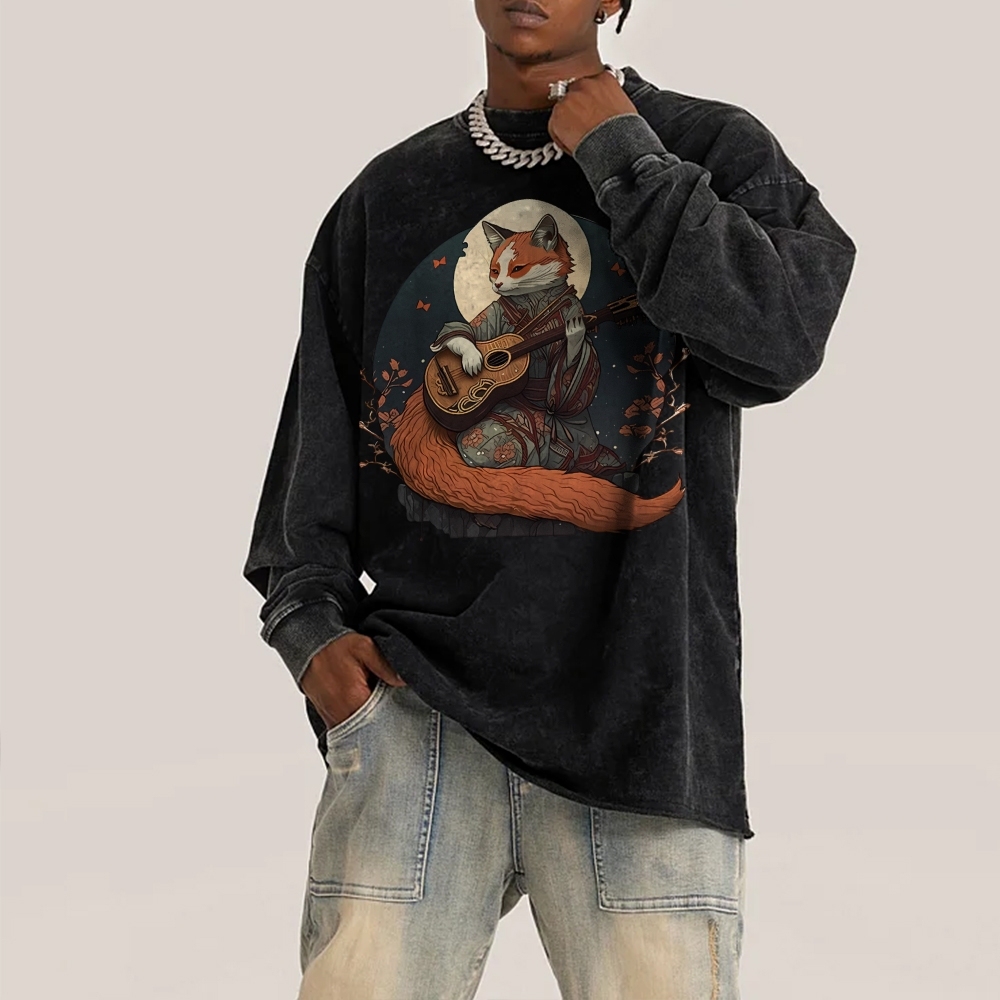 Guitar Fox Ukiyoe Painting Deep Washed Vintage Long Sleeves T-Shirt-moweekender