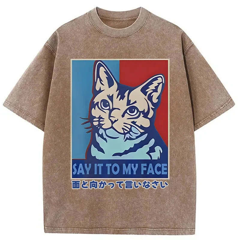 Say It To Cat Face Washed Vintage T-Shirt-moweekender