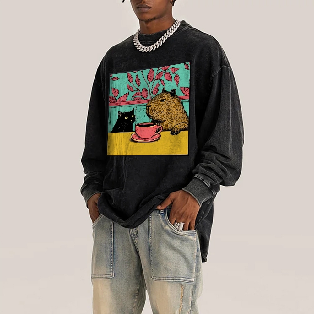 Black Cat And Capybara Pattern Deep Washed Vintage Long Sleeves T-Shirt