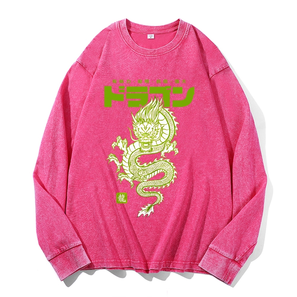 Loong Totem Casual Deep Washed Vintage Long Sleeves T-Shirt-moweekender