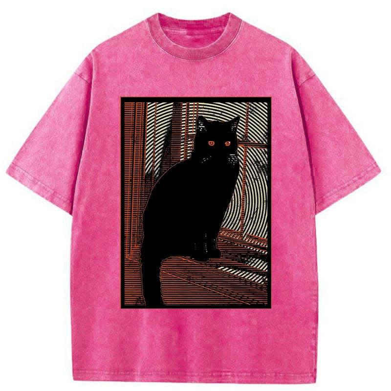 Mysterious Black Cat Washed Vintage T-Shirt-moweekender