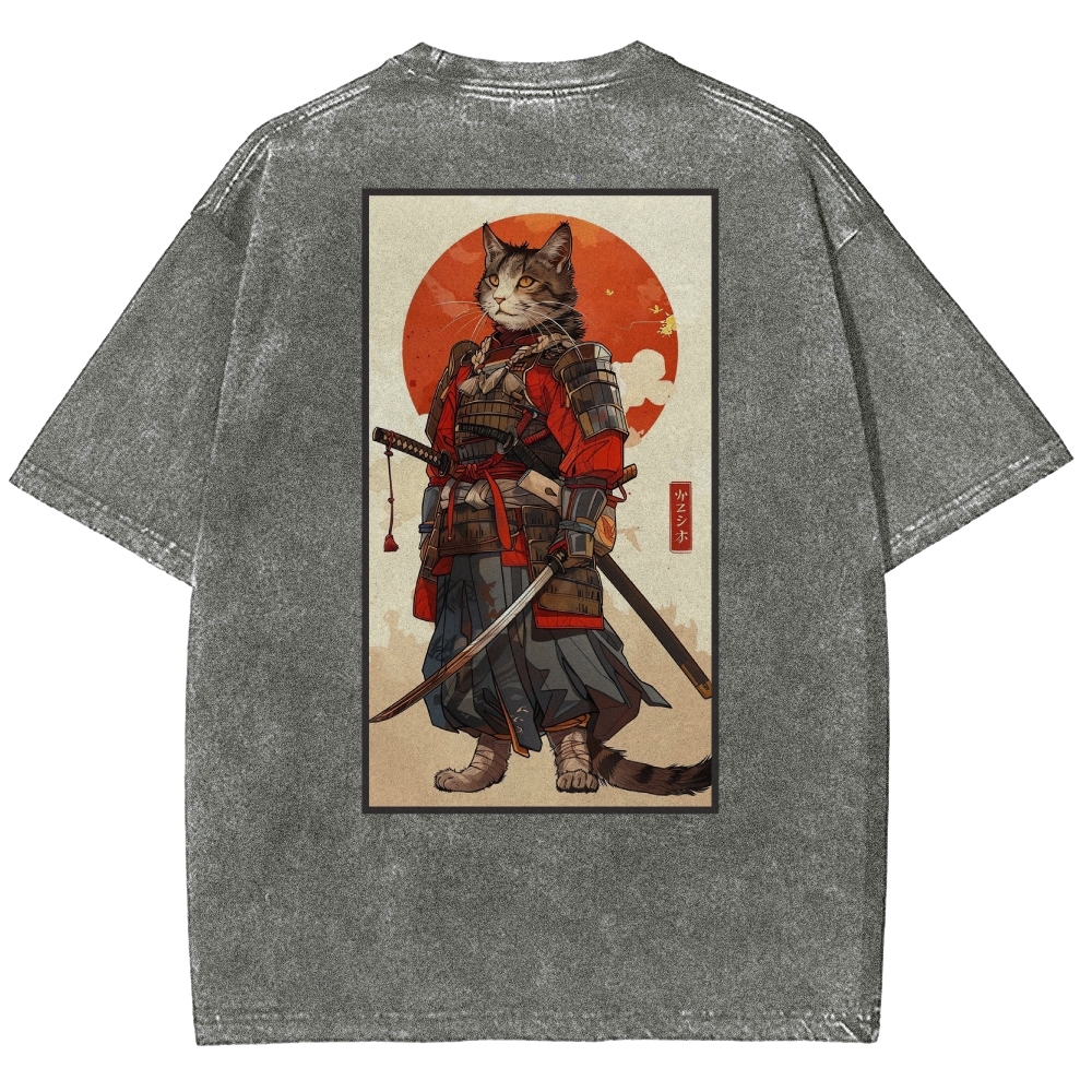Casual Warrior Cat Washed Vintage Short Sleeves T-Shirt-moweekender
