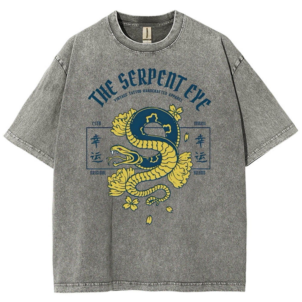 Japan Lucky Snake Sign Washed Vintage Short Sleeves T-Shirt-moweekender