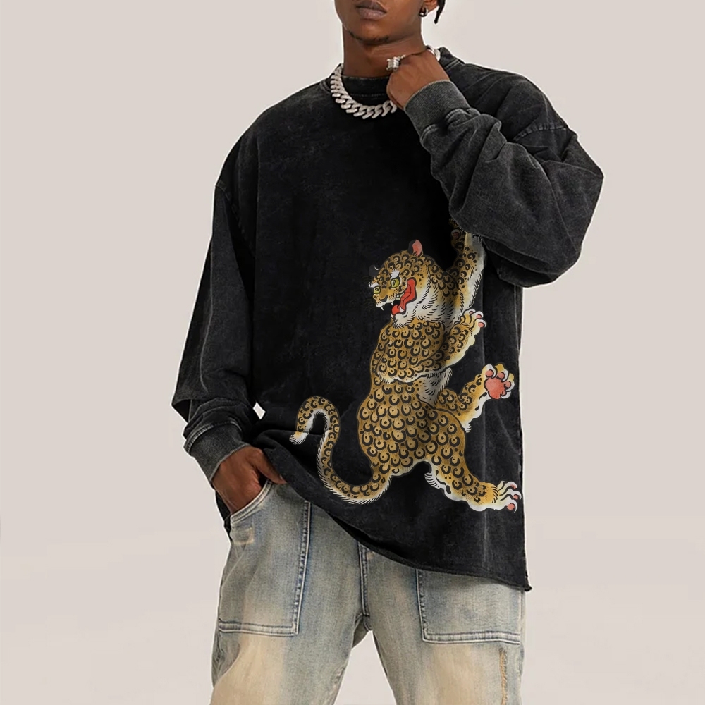 Japanese Leopard Ukiyoe Deep Washed Vintage Long Sleeves T-Shirt-moweekender