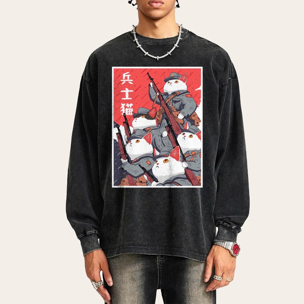 Soldier Cat Pattern Deep Washed Vintage Long Sleeves T-Shirt-moweekender