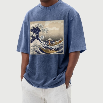 Cat Ship Wave Ukiyoe Washed Vintage Short Sleeves T-Shirt-moweekender