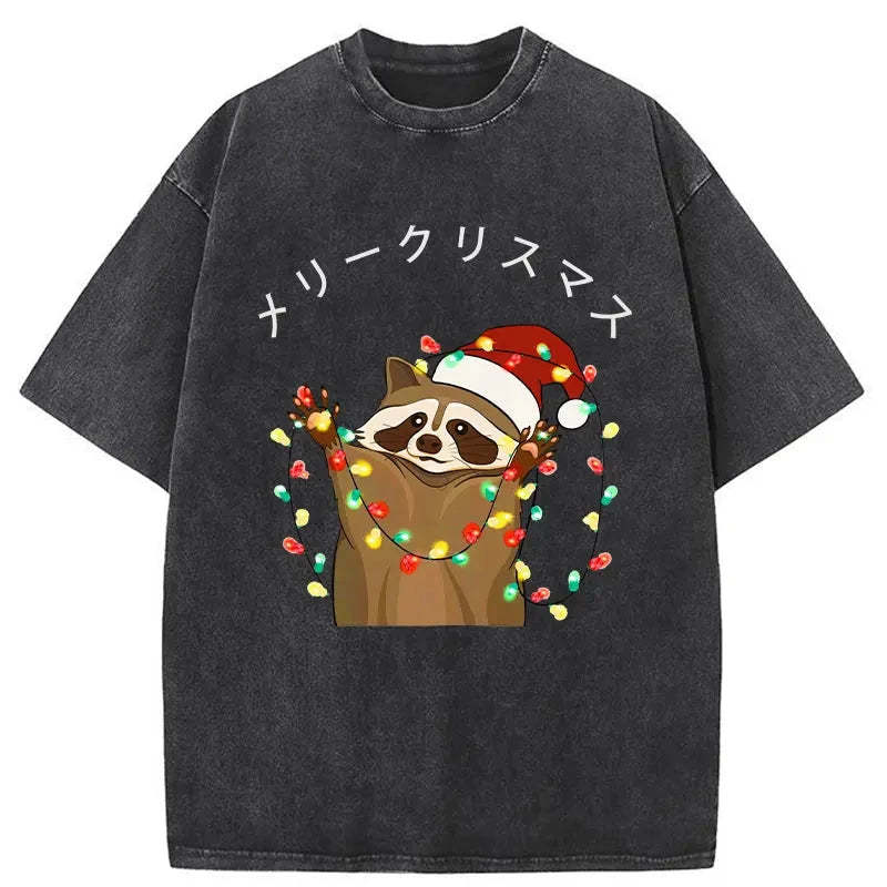 Raccoon Christmas Washed Vintage T-Shirt-moweekender