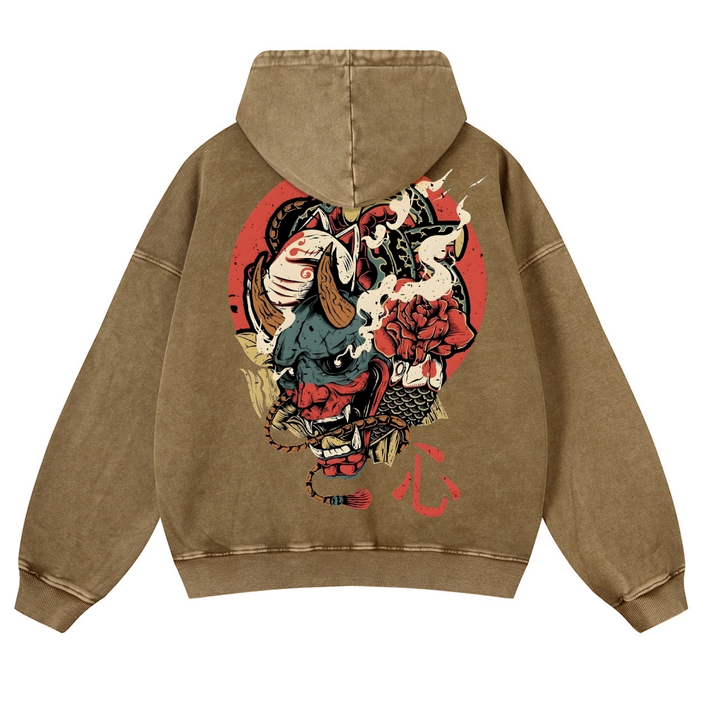 Japanese Traditional Mask Pattern Vintage Washed Hoodie-moweekender