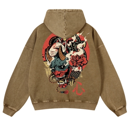 Japanese Traditional Mask Pattern Vintage Washed Hoodie-moweekender