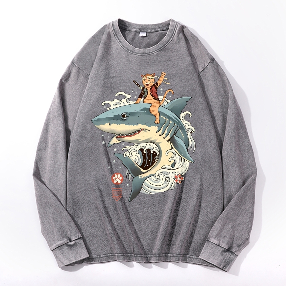 Shark Sushi Cat Ukiyoe Pattern Deep Washed Vintage Long Sleeves T-Shirt-moweekender