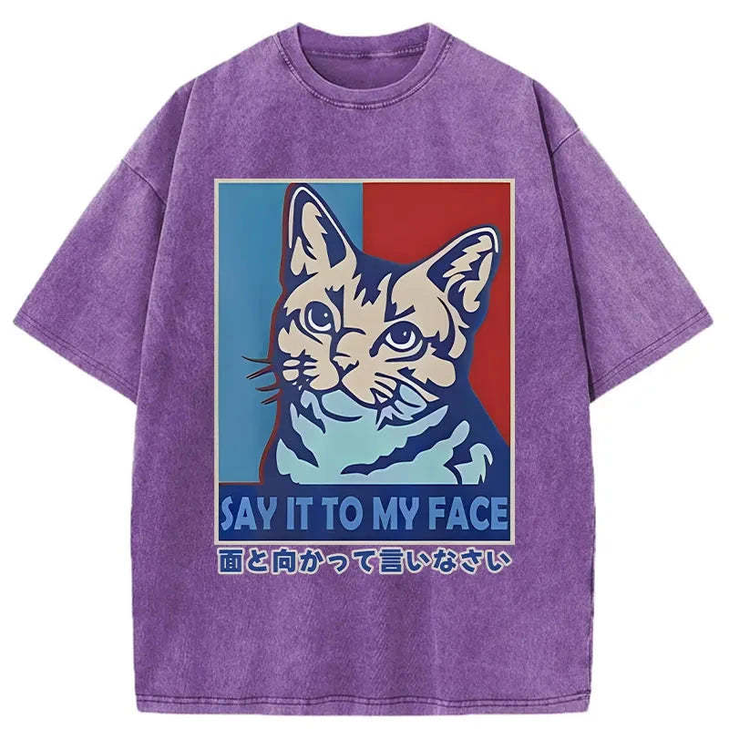 Say It To Cat Face Washed Vintage T-Shirt-moweekender