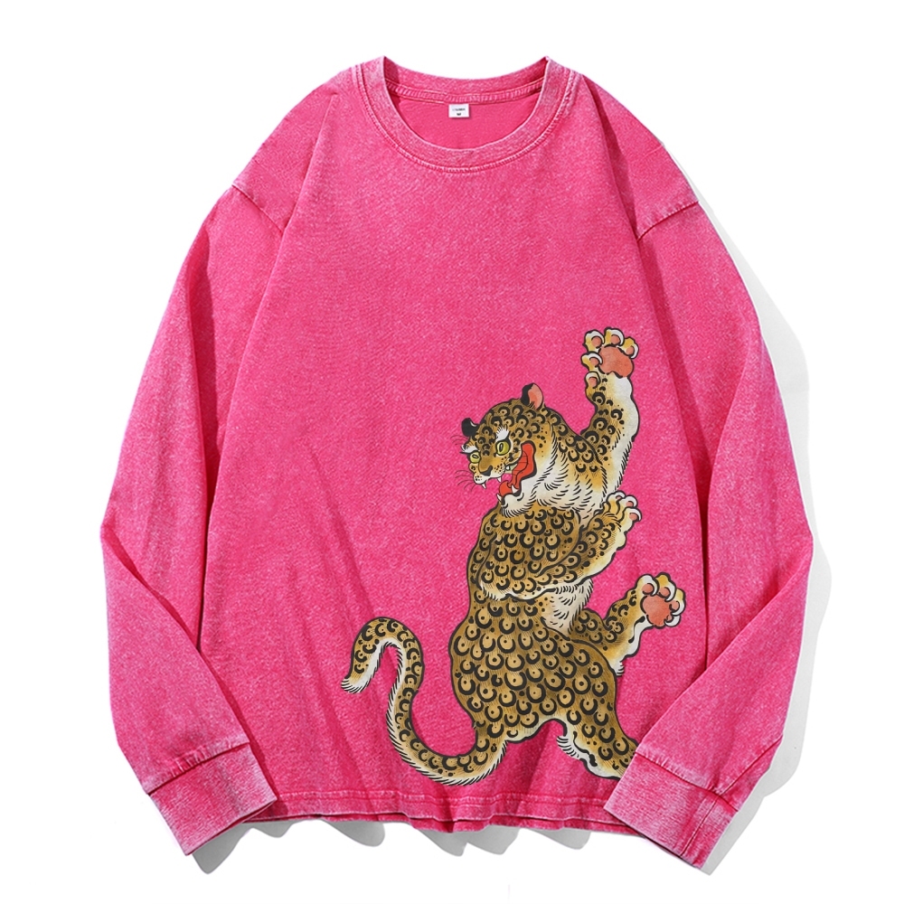 Japanese Leopard Ukiyoe Deep Washed Vintage Long Sleeves T-Shirt-moweekender
