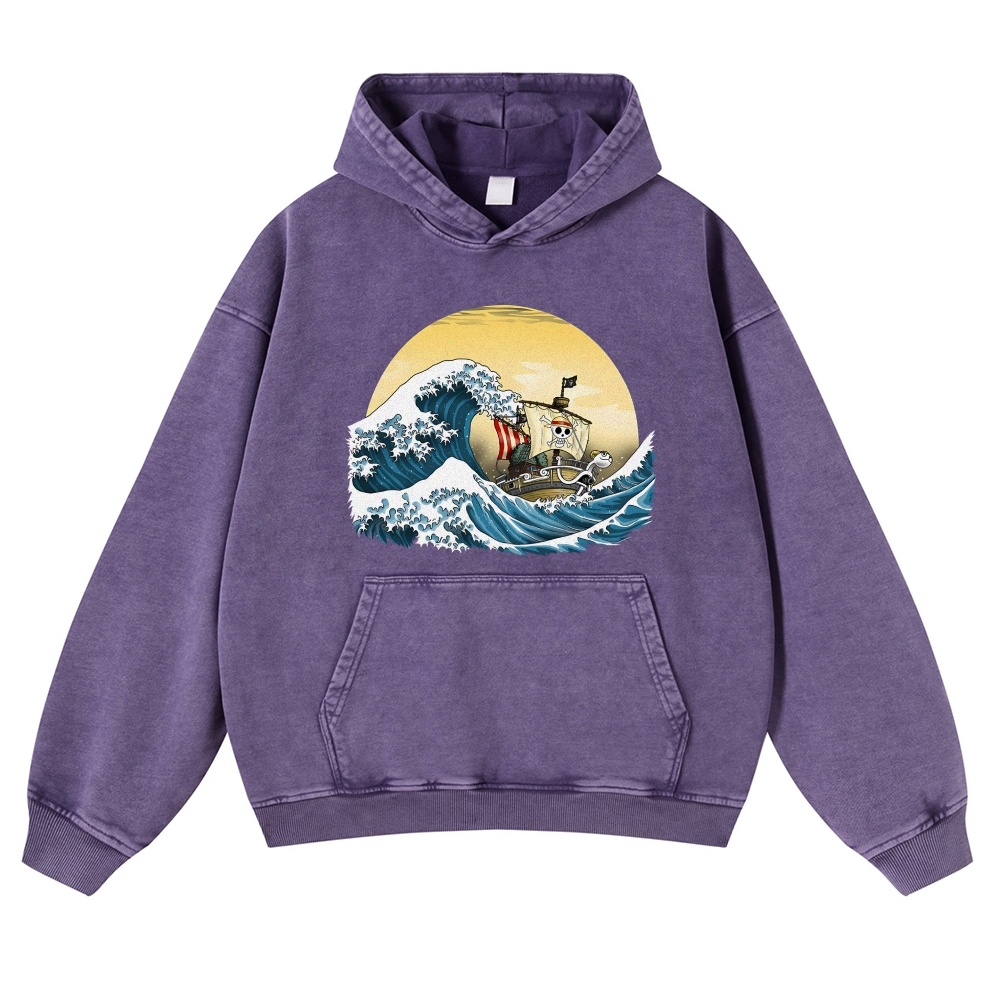 Straw Hat Pirate Ship Ukiyoe Vintage Washed Hoodie-moweekender