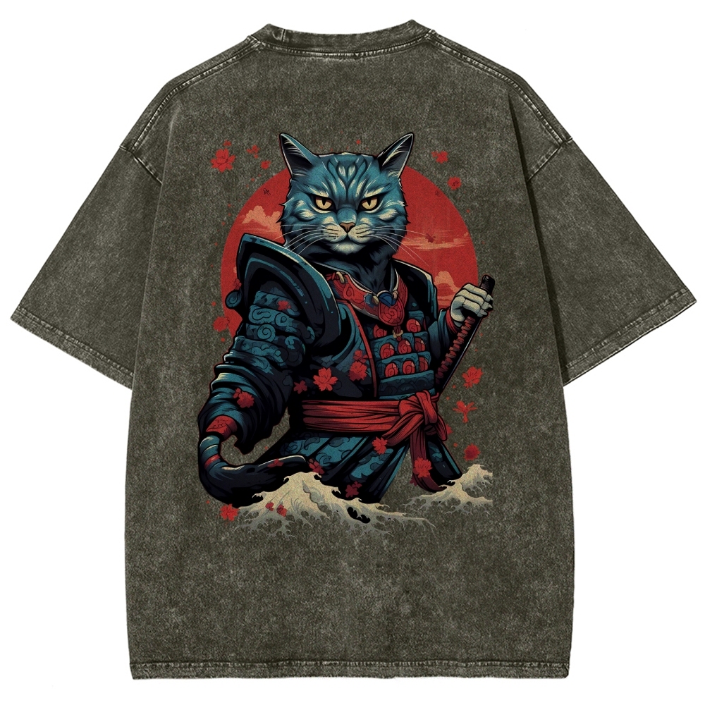 Japan Cat Warrior Washed Vintage Short Sleeves T-Shirt-moweekender