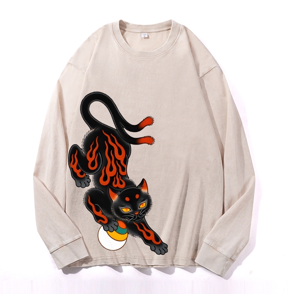 Two-tailed Cat Pattern Deep Washed Vintage Long Sleeves T-Shirt-moweekender