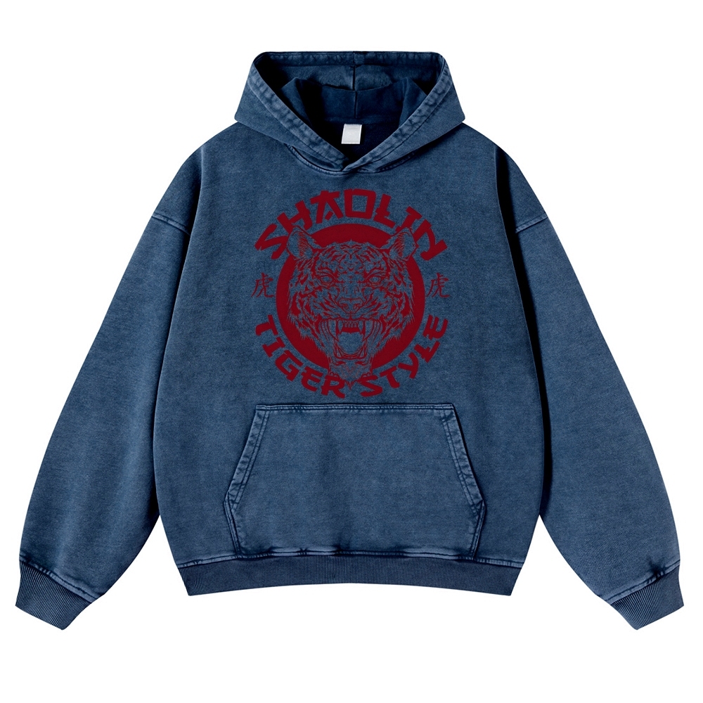 Tiger Head Sign Printed Vintage Washed Hoodie-moweekender