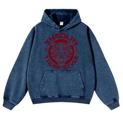 Tiger Head Sign Printed Vintage Washed Hoodie-moweekender
