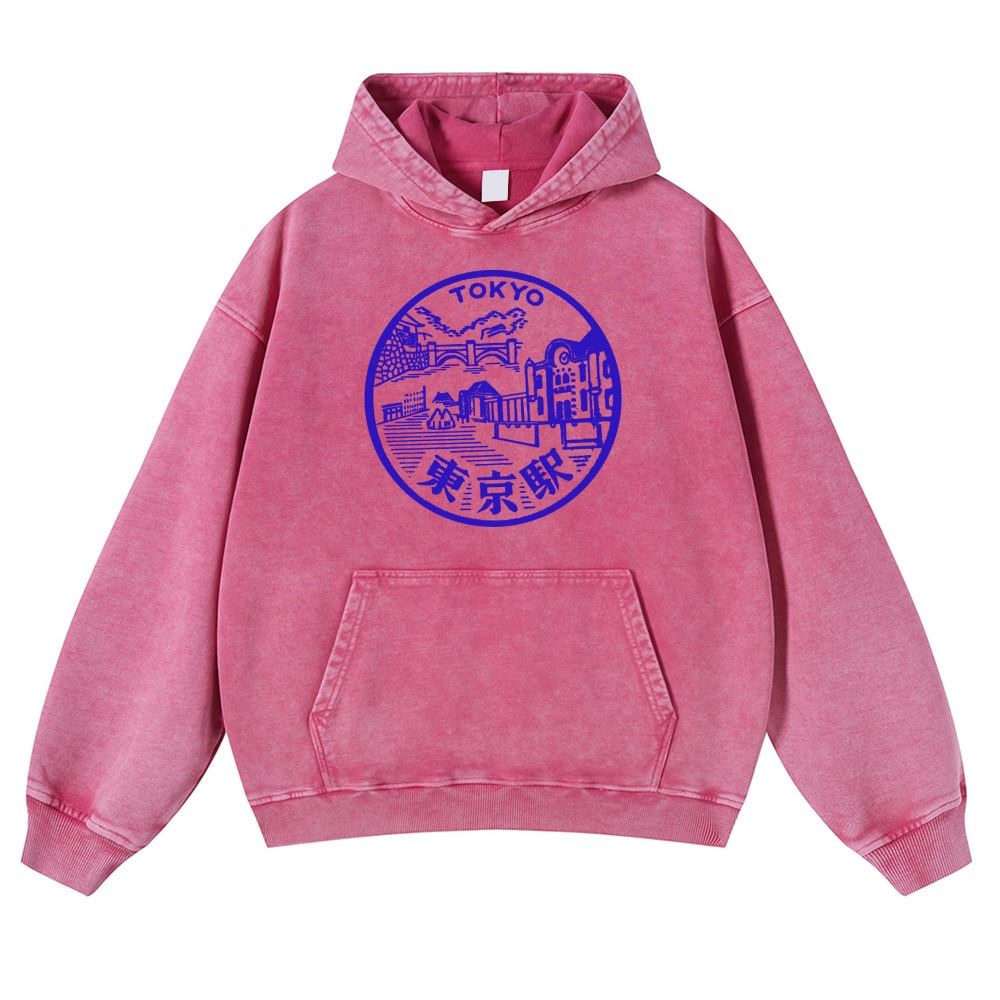 Tokyo Station Sign Vintage Washed Hoodie-moweekender