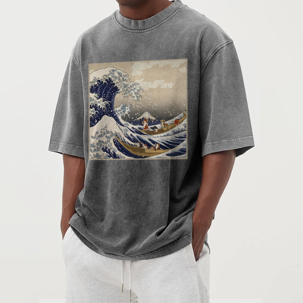 Cat Ship Wave Ukiyoe Washed Vintage Short Sleeves T-Shirt-moweekender