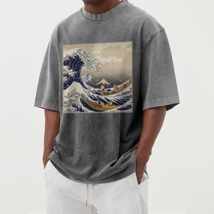 Cat Ship Wave Ukiyoe Washed Vintage Short Sleeves T-Shirt-moweekender
