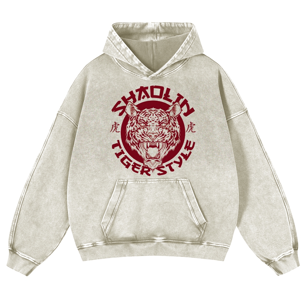Tiger Head Sign Printed Vintage Washed Hoodie-moweekender