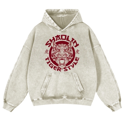 Tiger Head Sign Printed Vintage Washed Hoodie-moweekender