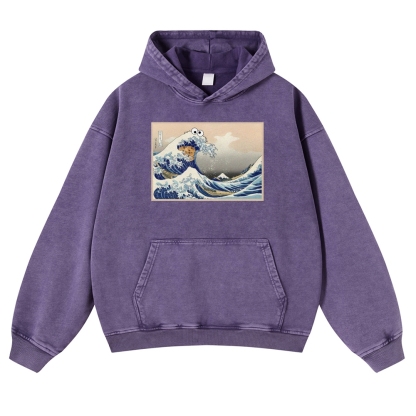 Cookie Wave Ukiyoe Printing Vintage Washed Hoodie-moweekender