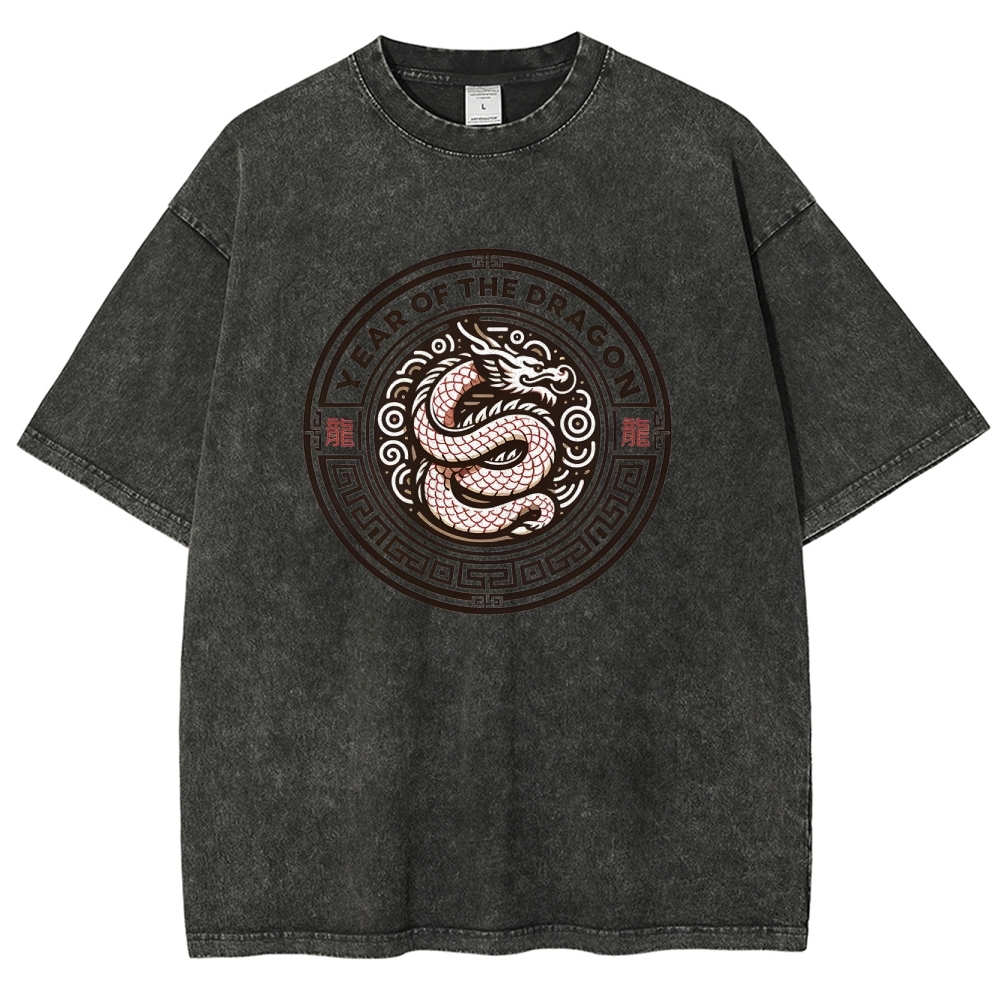 Traditional Dragon Pattern Washed Vintage Short Sleeves T-Shirt-moweekender