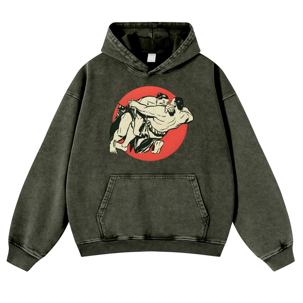 Japanese Sumo Wrestlers Pattern Vintage Washed Hoodie-moweekender
